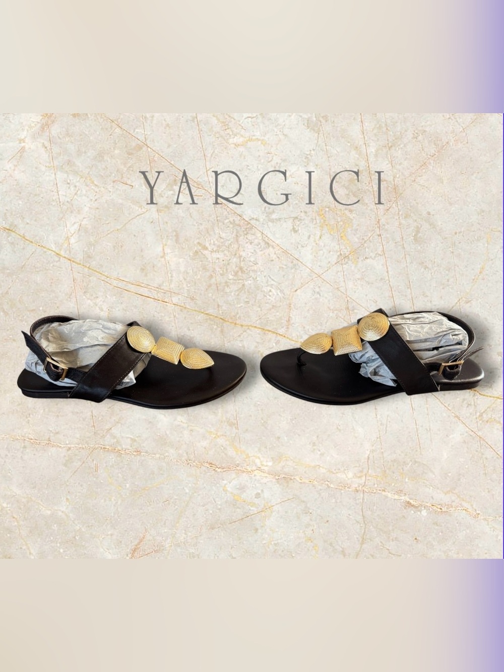 🛍️SALE🛍️YARGICI Women's Brown Leather Flat Thong Sandals w/ Gold Accent Ornament - Picture 7 of 11